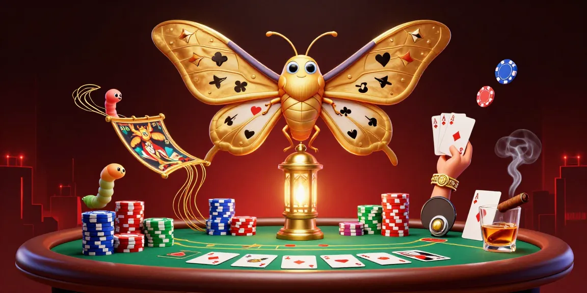 Engage in judi bola with vibrant casino scenes illustrated by a majestic moth and poker elements.