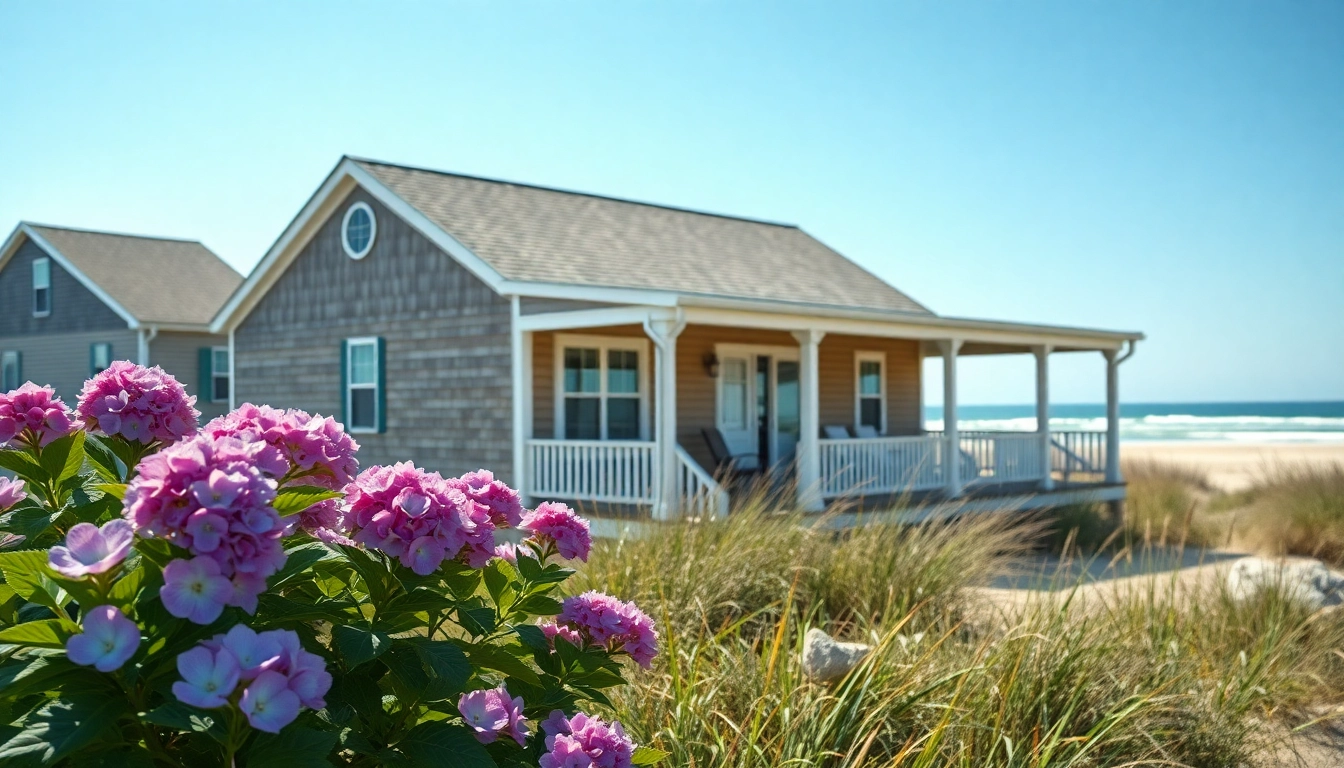 Cape Cod home showcasing tranquil seaside living with hydrangeas and beach in the background.