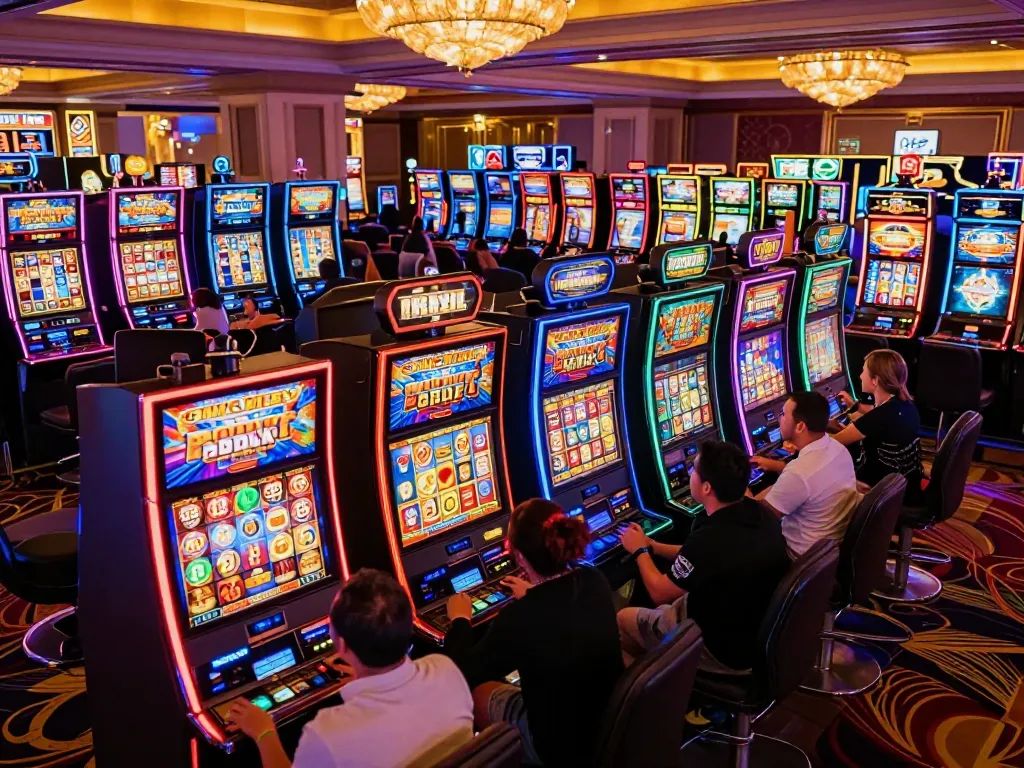 Exciting slot gacor pagi ini moment with players cheering over a jackpot win at a vibrant casino slot machine