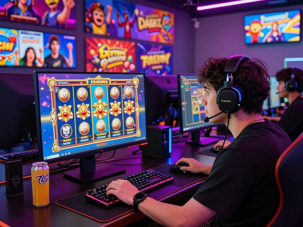 Suasana permainan slot yang menarik menunjukkan seorang pemain menikmati situs gacor, atmosfer yang penuh warna dengan gadget permainan dan grafik yang cerah.