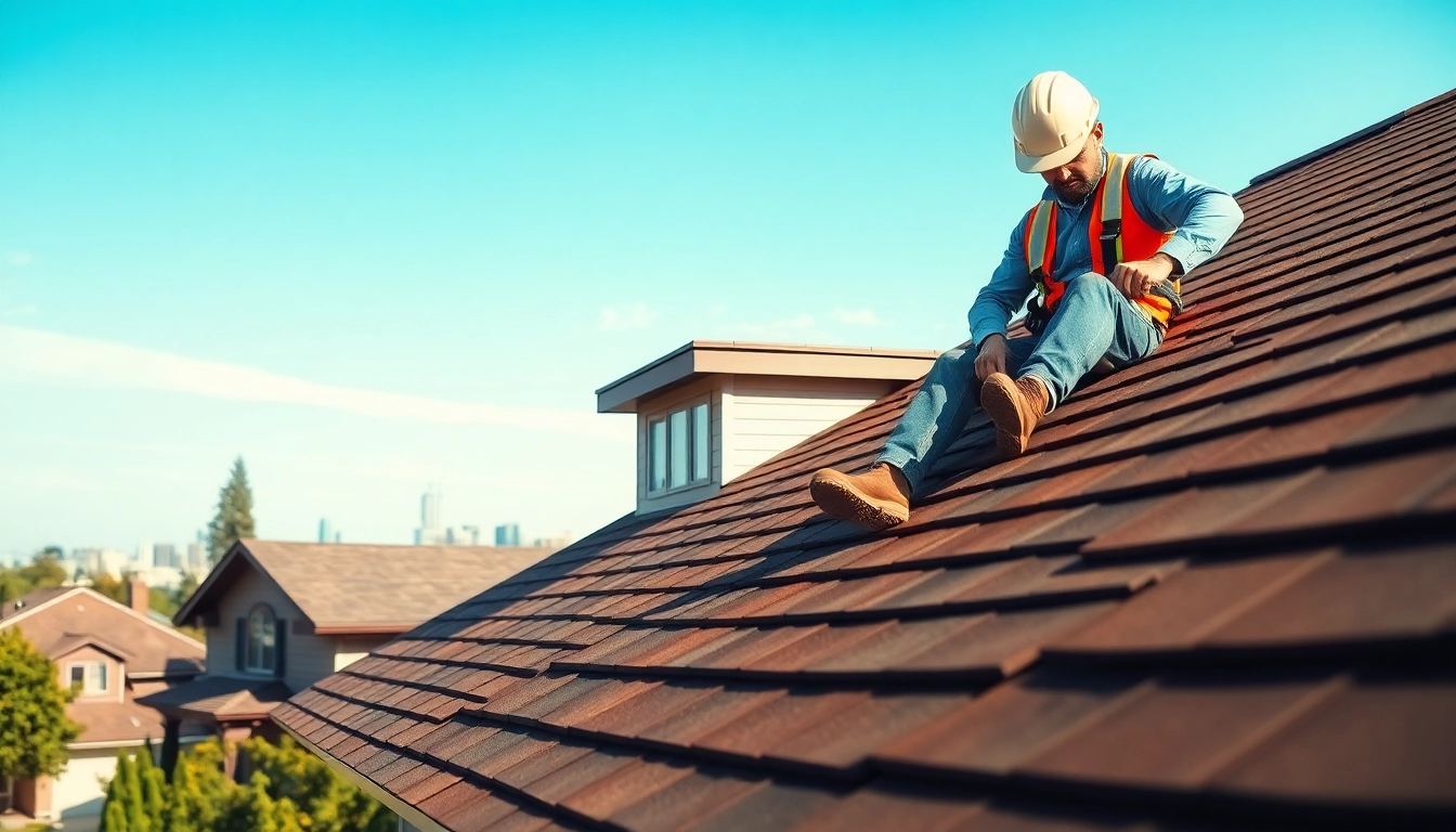 Showcasing Professional roofing services, a contractor actively installs shingles on a modern residential roof, emphasizing expertise.