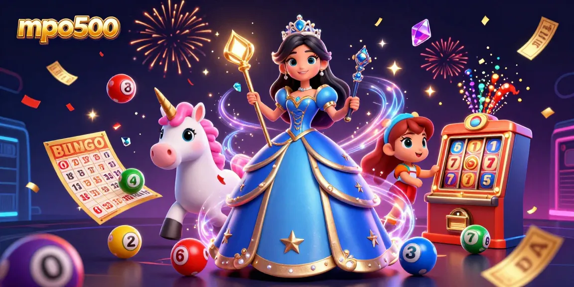 Experience the excitement of mpo500 with a vibrant illustration showcasing lottery elements, a majestic woman, and a magical unicorn.