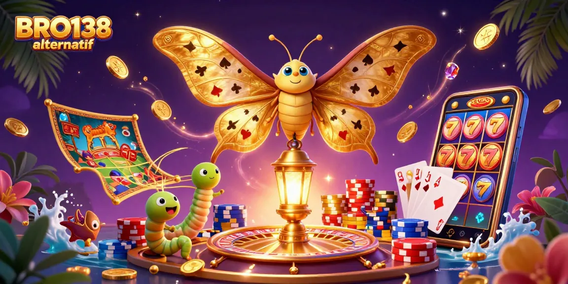 BRO138 alternatif showcases a vibrant 3D casino scene with an atlas moth, golden casino elements, and dynamic gaming action.