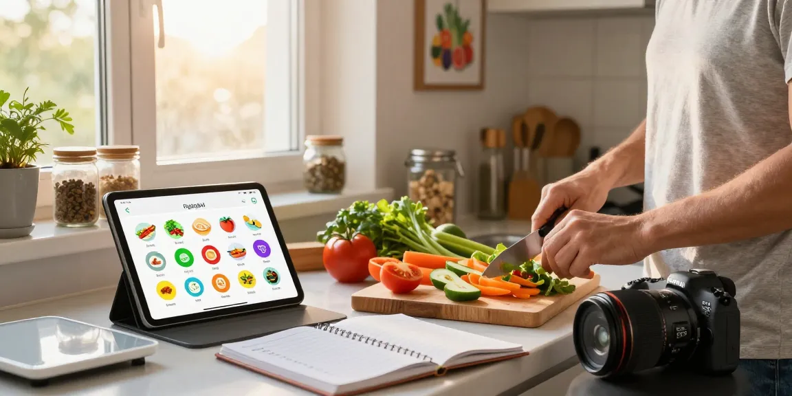 Preparing fresh salad in a sunny kitchen while using the best food tracking app for meal planning.