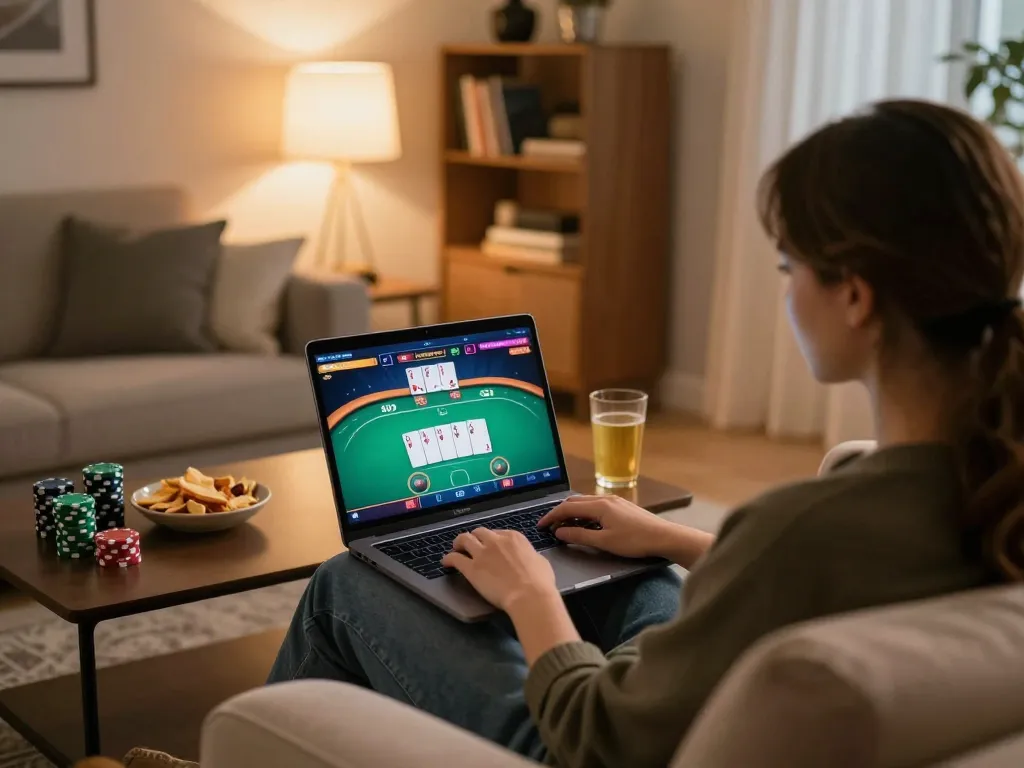Player engaging in a thrilling online poker game on 99win with snacks nearby