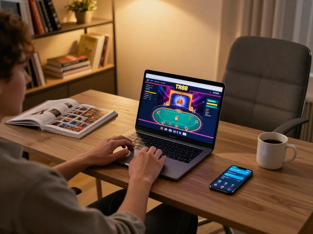 Engaging in poker gameplay on TR88 bookmaker interface from a cozy home office.