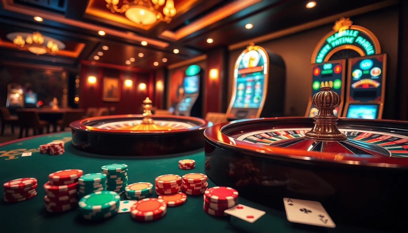 Scène de jeu excitante mettant en avant le luxe d'un casino en ligne France fiable, avec de la roulette, du poker et des jetons.