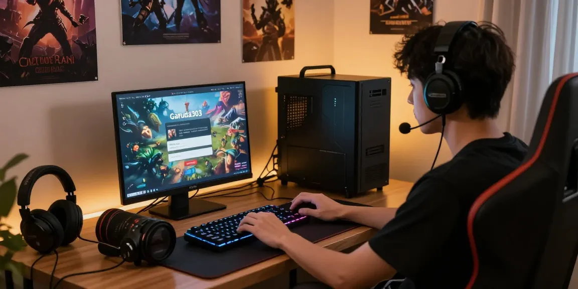 Engaged user performing garuda303 login in a vibrant online gaming setup with headphones and illuminated keyboard.