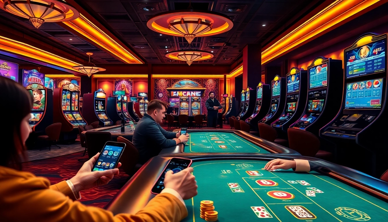 Players engaging with PG Soft mobile games at a vibrant casino scene, showcasing gaming excitement.