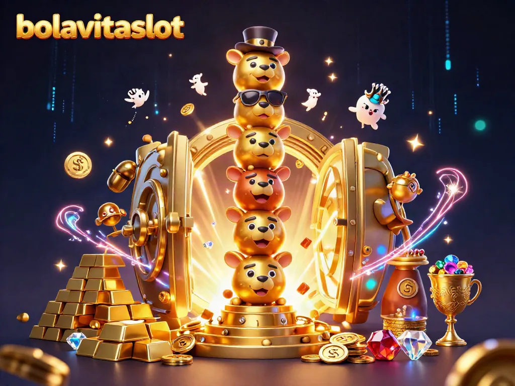 Engage in bolavitaslot with animated characters and dazzling casino elements in a vibrant setting.