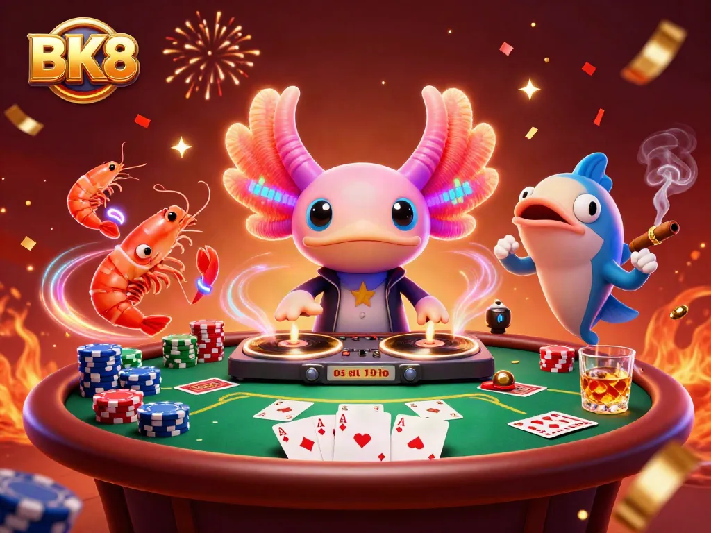 Experience the vibrant world of BK8 with an axolotl DJ spinning at a lively casino scene.