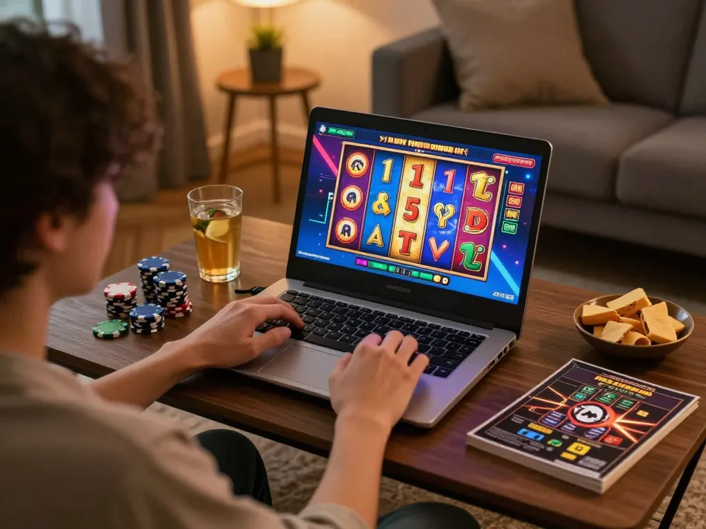 Pemain menikmati aksi slot gacor di laptop dalam suasana rumah yang santai, menyoroti perjudian online yang strategis.