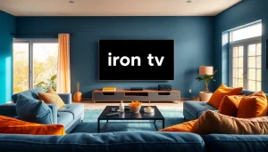 View of a living room featuring an 'iron tv' on a large display screen, inviting relaxation.
