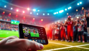 실시간스포츠중계 중인 스마트폰 화면과 흥미진진한 경기 장면.