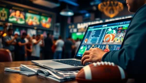 Engaging bettor analyzing odds at the best sportsbooks in Mexico, showcasing a vibrant sports lounge atmosphere.