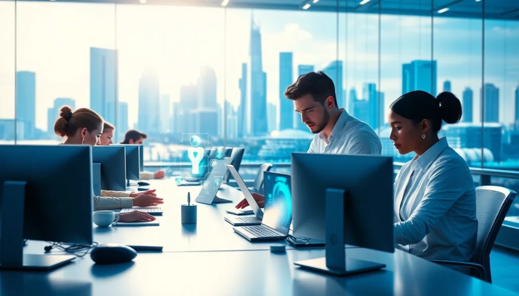 Explore technology in a high-tech workspace where a diverse team collaborates on innovative projects.