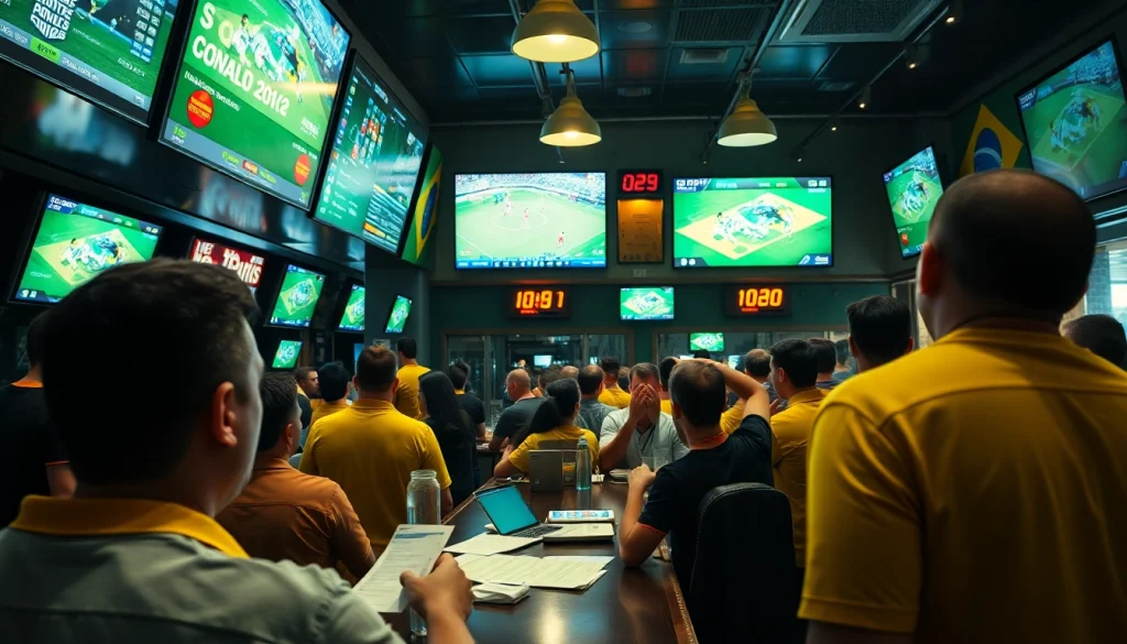 Betting action at the best sports betting sites Brazil, showcasing energetic crowds and vibrant displays.
