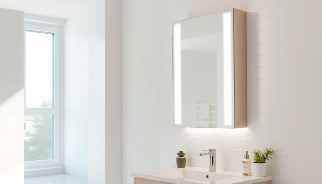 Praktischer spiegelschrank led mit eleganter Beleuchtung im modernen Badezimmer.