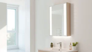 Praktischer spiegelschrank led mit eleganter Beleuchtung im modernen Badezimmer.