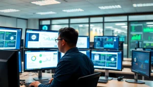 IT technician conducting remote patching and monitoring for endpoints in a modern office setting.