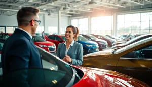Buy a car in a modern dealership with vibrant vehicles and happy customers.