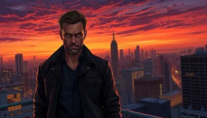 Heroic character on a city rooftop showcasing grit and determination, better than Reacher.