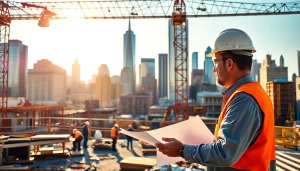 Showcasing a New York Commercial General Contractor surveying a lively construction site with Manhattan skyline.