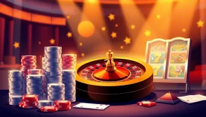 Experience the thrill of gà 6789 with a luxurious online casino scene featuring poker chips and a roulette wheel.