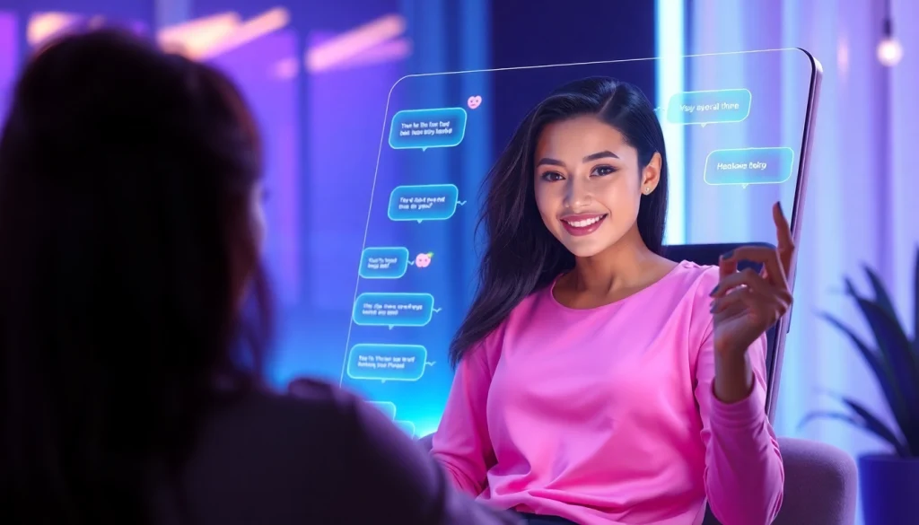 Interactive scene of a user engaging with a sex chat AI character on a futuristic device.