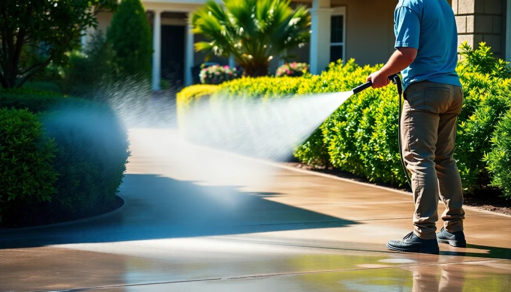 Concrete cleaning by a professional pressure washing service in Kissimmee, showcasing effective dirt removal.