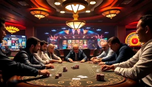 Experience thrilling gameplay at ev88.claims with a stunning casino scene showing poker action and vibrant interfaces.