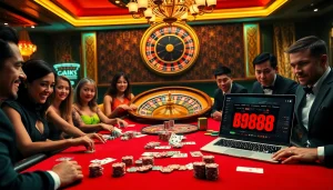Engaging casino scene showcasing players enjoying games at Nhà Cái BJ888 with poker chips and roulette wheel.