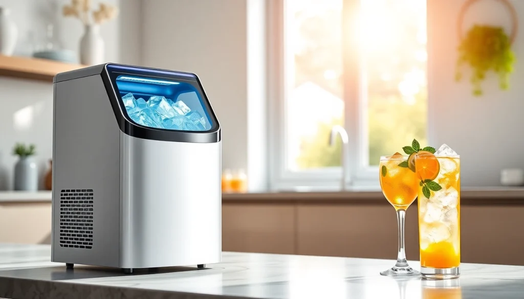 Showcasing an ice maker in a modern kitchen with refreshing drinks beside it.