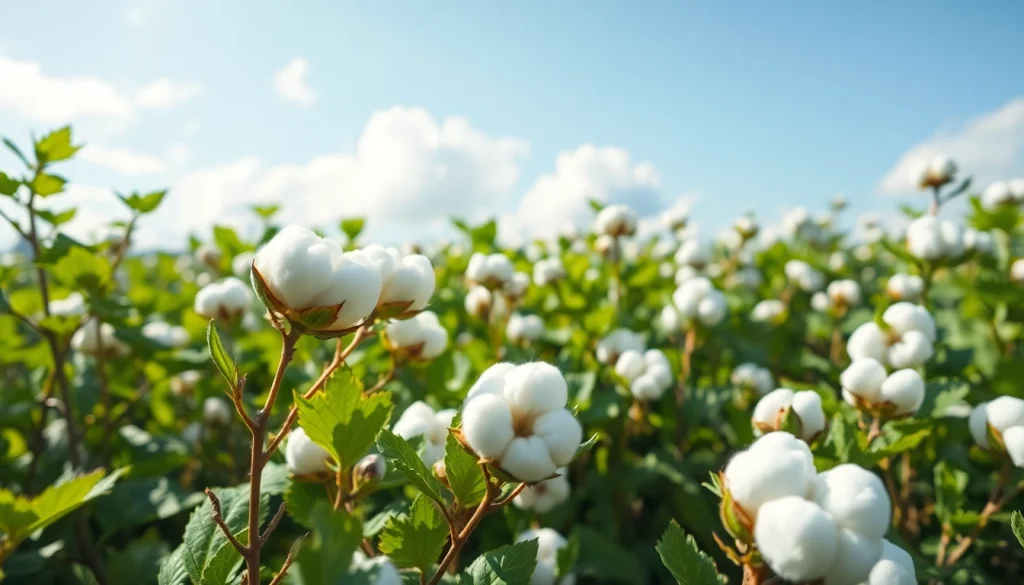 Geniet van een uitgestrekt katoenveld met bloeiende katoenplanten en fluffy katoenbolletjes.