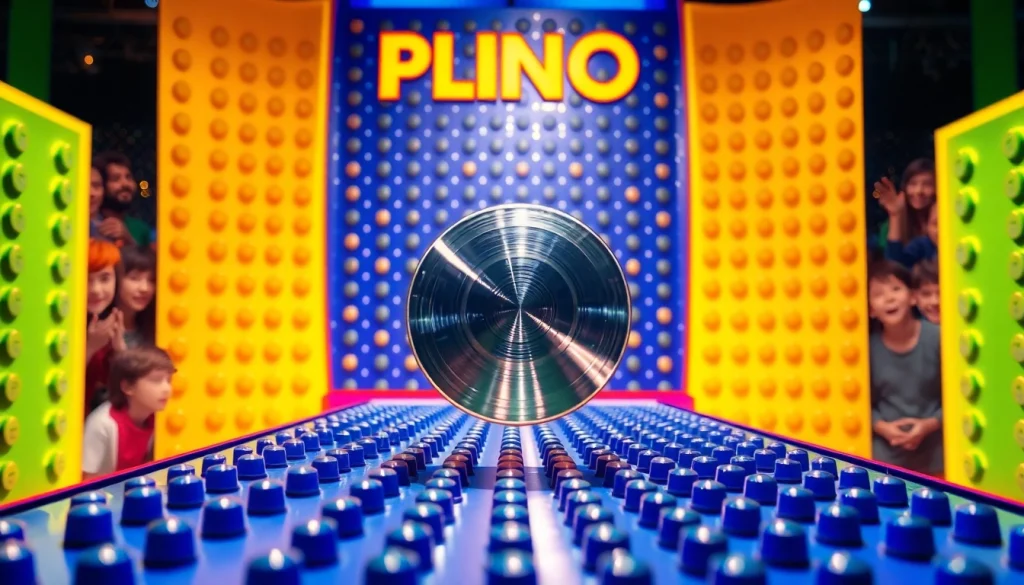 Mainan plinko demo yang menarik dengan disk berkilau siap dijatuhkan di papan penuh pegs.