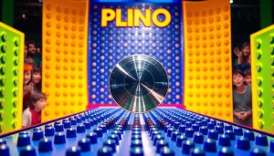 Mainan plinko demo yang menarik dengan disk berkilau siap dijatuhkan di papan penuh pegs.