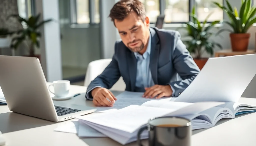 Consultant ensuring compliance with pre and post award compliance documents in a focused office setting.