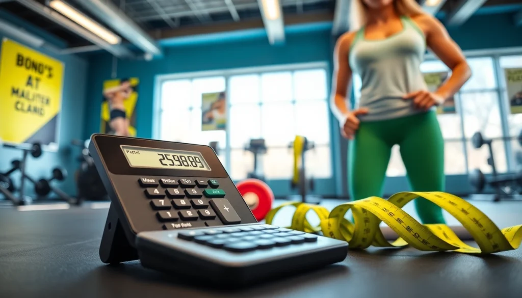 Calculate body fat percentage using a body fat percentage calculator in a dynamic fitness environment.