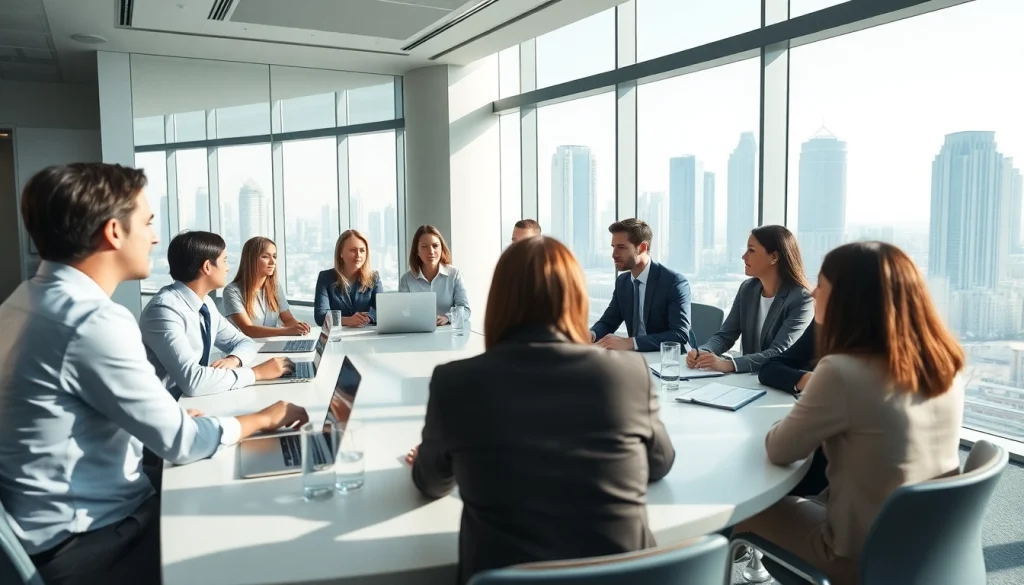 Business Consultants in Dubai collaborating in a modern office environment during a strategy meeting.
