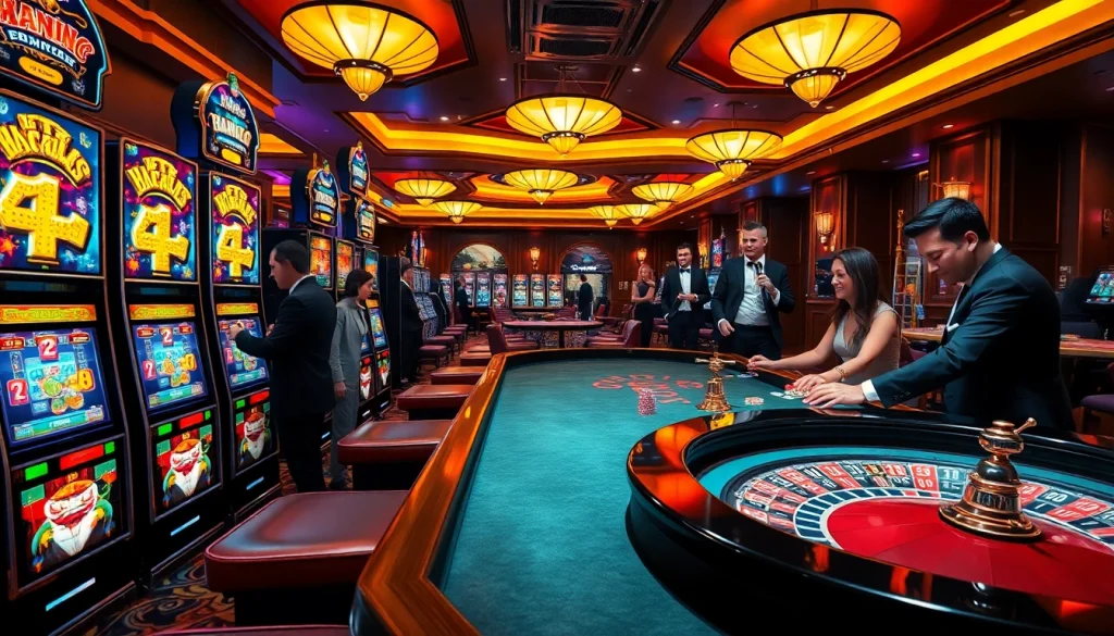Engage with Onicplay while playing at an upscale casino with vibrant slot machines and poker tables.