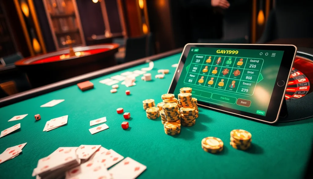Experience thrilling gameplay at GAVIP999 casino with vibrant cards and energetic dice on the table.