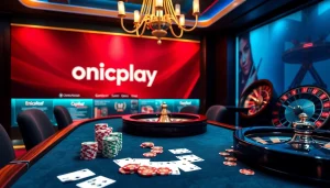 Experience the excitement of onicplay at a luxurious casino table with poker chips and cards.