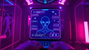 Interactive chatbot interface showcasing ai sex themes in a futuristic digital environment.