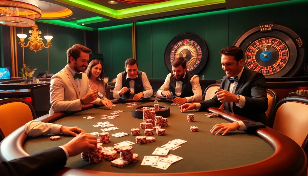 DOLA789 poker scene with professional dealers and vibrant chips, embodying the excitement of gambling.