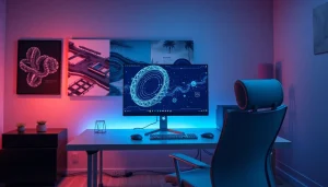 Innovative workspace showcasing AI NSFW image generator with sleek design and ambient lighting.