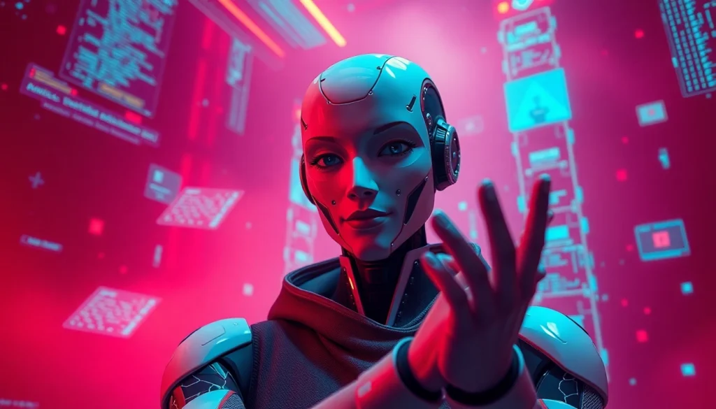 AI NSFW character engaging in a vibrant digital landscape with soft ambient lighting.