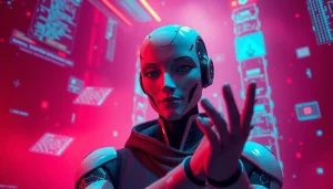 AI NSFW character engaging in a vibrant digital landscape with soft ambient lighting.