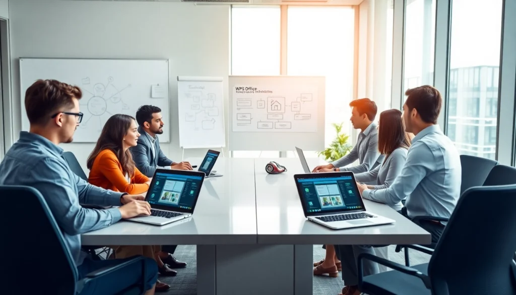 现代办公室中的专业人士在笔记本电脑上使用 WPS Office 工具进行协作。