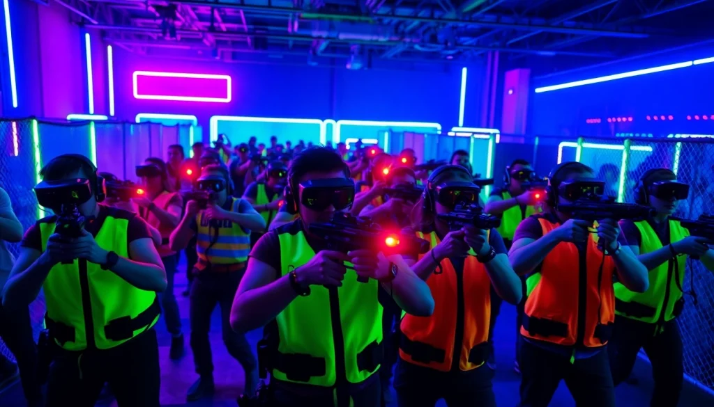 Players engaging in an exciting game of Laser tag in a vibrant arena with neon lights.
