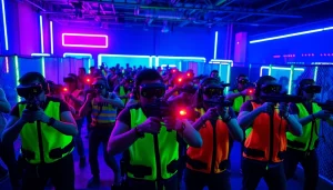 Players engaging in an exciting game of Laser tag in a vibrant arena with neon lights.